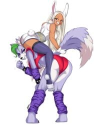 annoyed annoyed_expression female female_anthro female_on_top female_only five_nights_at_freddy's five_nights_at_freddy's:_security_breach fnaf furry green_hair leg_warmers mirko miruko my_hero_academia roxanne_wolf_(fnaf) rumi_usagiyama sitting sitting_on_person tagme