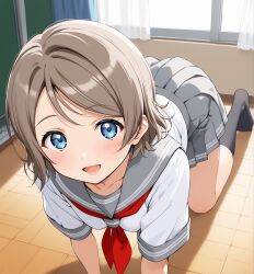 ai_generated blue_eyes brown_hair female legs looking_at_viewer love_live! love_live!_sunshine!! school_uniform schoolgirl serafuku short_hair skirt thighs watanabe_you