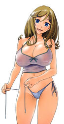 anime_nose blonde_hair blue_eyes breasts eleanor_mercer erect_nipples fukudahda highres honey_blonde pointy_chin side-tie_panties simple_background