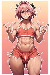 1boy 1femboy ai_generated astolfo_(fate) big_thighs blush fate/grand_order fate_(series) femboy girly huge_thighs hyper_ass hyper_bulge large_thighs male male_only navel smile thick_thighs thighs trap voluptuous xwaifuai