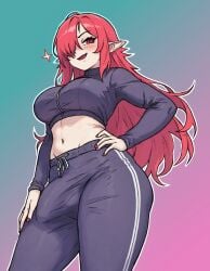 bare_midriff bulge caffichai cock_bulge elf_ears futanari original_character red_eyes red_hair solo sweatpants