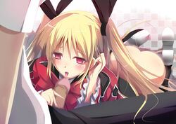 adjusting_hair ass blazblue blonde_hair blush censored daiaru fellatio female hair_ribbon kneeling long_hair no_panties open_mouth oral penis rachel_alucard red_eyes ribbon saliva shoes teeth tied_hair tongue twintails vampire