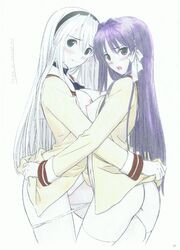 2girls ass blue_eyes blush bow breasts clannad clothing female female_only fujibayashi_kyou highres medium_breasts multiple_girls nipples no_panties panties purple_eyes purple_hair pussy sakagami_tomoyo school_uniform simple_background stockings taka_tony uncensored underwear white_hair yuri