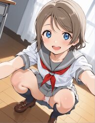 ai_generated blue_eyes brown_hair female legs looking_at_viewer love_live! love_live!_sunshine!! school_uniform schoolgirl serafuku short_hair skirt thighs watanabe_you