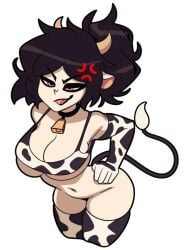 angry annoyed ashley_graves black_hair cow_bell cow_bikini cow_ears cow_horns cow_print cow_print_bikini cow_tail gloves hands_on_hips lewdr00 looking_at_viewer partially_clothed pink_eyes solo solo_female the_coffin_of_andy_and_leyley