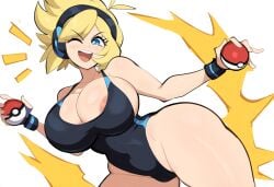 ai_generated areola_slip blonde_hair cameltoe headphones huge_breasts leotard light-skinned_female light_skin mullon nameless_character novelai poke_ball pokemon pokemon_trainer smile top_heavy wink