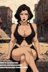 1girls ai_generated areola_slip asami_sato avatar_legends avatar_the_last_airbender bare_shoulders barefoot black_hair black_skirt black_vest breasts building car cleavage closed_mouth clothing crop_top crossed_legs day english_text feet female female_only green_eyes ground_vehicle jousneystudio large_breasts legs lips lipstick looking_at_viewer looking_to_the_side makeup midriff miniskirt motor_vehicle navel o-ring original outdoors parted_lips red_lips short_hair sitting skirt sky solo stomach the_legend_of_korra thighs vest