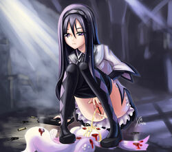 akemi_homura black_hair censored gun guro hairband kyuubee mahou_shoujo_madoka_magica pantyhose peeing pink_eyes spreading watersports weapon