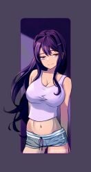 belly belly_button breasts clothing cute doki_doki_literature_club exposed_shoulders exposed_stomach female female_only looking_at_viewer projektxi01 purple_eyes purple_hair shorts solo standing tagme tank_top yuri_(doki_doki_literature_club)