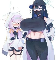 2girls ? alternate_breast_size atsuko_(blue_archive) blue_archive blue_eyes blush bow breasts coat futanari hairbow halo heart highres huge_breasts kurosu169 mask multiple_girls navel purple_hair saliva saori_(blue_archive) sweat sweatdrop white_coat
