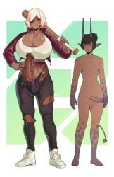 2futa abs balls baseball_bat black_pants breasts choker cleavage clothed clothing collarbone dahlia_(sulcate) dark-skinned_futanari dark_skin denim erection eyepatch futa_only futanari hand_on_own_hip highres holding holding_baseball_bat huge_breasts huge_cock human jeans looking_at_viewer mostly_clothed original pants penis pink_hair red_eyes shoes short_hair sneakers solo standing sulcate torn_clothes torn_pants veins veiny_penis white_footwear