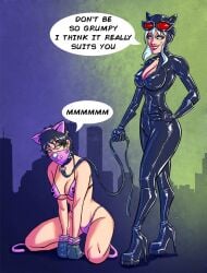 2015 batman_(series) black_cat_(marvel) bondage bound cat_ears catwoman catwoman_(cosplay) collar dc dc_comics dominant dominant_female domination felicia_hardy fetishhand humiliated humiliation leash leash_and_collar marvel marvel_comics petplay selina_kyle spider-man_(series) submissive submissive_female