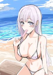 beach big_breasts blush d4dj izumo_saki kougami long_hair popsicle sweat swimsuit