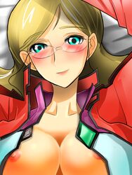 artist_request bed blush breasts glasses gundam gundam_00 large_breasts linda_vashti lying nipples smile tagme