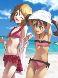 2girls alternate_costume beach bikini blonde_hair blue_eyes brown_hair dark-skinned_female female female_only green_eyes human looking_at_another midriff multiple_girls one_eye_closed pokemon pokemon_xy rourou_ill sand serena_(pokemon) shauna_(pokemon) skeb_commission undressing water