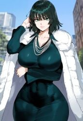 ai_generated black_hair cleavage coat creamy_ai curvy dress fubuki_(one-punch_man) fur_coat green_dress green_eyes green_hair huge_breasts impossible_clothes impossible_dress narrow_waist one-punch_man thiccwithaq_(ai_style) thick_thighs wide_hips