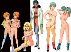 6girls 80s aqua_hair artist_request black_background black_hair blonde_hair blue_eyes breasts char's_counterattack clone dark-skinned_female dark_skin edit elpeo_ple female four_murasame gundam gundam_zz human indian indian_female labcoat lalah_sune large_breasts light-skinned_female light_skin medium_breasts mobile_suit_gundam multiple_girls nipples nude nude_filter official_art orange_hair ple_two pussy quess_paraya sayla_mass shoes small_breasts thighhighs towel twintails two_tone_background white_background zeta_gundam