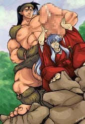 2boys abs animal_ears barefoot black_hair blue_eyes censored chest dog_ears erect_nipples feet gay giant holding_penis huge_balls huge_cock hyper inuyasha inuyasha_(character) koga male male_only mosaic_censoring muscle one_eye_closed pecs penis penis_on_head pixelated_penis pointed_ears pointless_censoring pointy_ears silver_hair yaoi