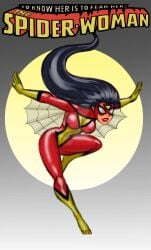 artstyle_imitation black_hair bruce_timm gloves jessica_drew johnnyharadrim marvel marvel_comics mask red_suit spider-woman superhero_costume superheroine