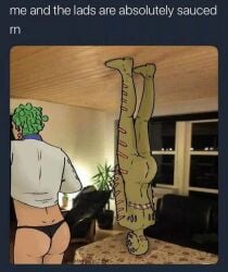 2boys ass back_view cioccolata edited heartinfections jojo's_bizarre_adventure male_focus male_only meme secco shitpost text underwear upside-down vento_aureo