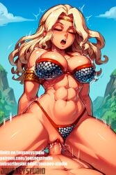 1boy abs ai_generated amazon amazon_(dragon's_crown) armlet armor bikini bikini_armor blonde_hair blue_sky blush breasts circlet cleavage closed_eyes clothed_female_nude_male clothed_sex clothing clothing_aside cloud cowgirl_position day dragon's_crow dragon's_crown english_text female jousneystudio large_breasts long_hair male muscle muscular_female nakadashi navel obliques on_top open_mouth outdoors pantsu penis semen sex sky solo_focus spread_legs straddling straight sweat swimsuit teeth text thick_thighs thighs underwear vagina vaginal_penetration