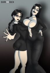 2girls black_and_white black_dress black_hair curvy darkinkduck digital_media_(artwork) goth goth_girl light-skinned_female long_hair milf morticia_addams posing standing standing_position the_addams_family twintails wednesday_addams