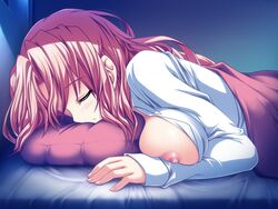 bed breasts brown_hair closed_eyes game_cg henshin_3 nipples open_clothes open_shirt saliva shirt sleeping tongue