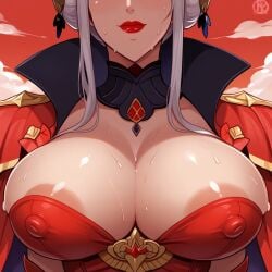 1girl ai_generated arrogant big_breasts blush breast_focus breasts_out civitai clouds dress edelgard_von_hresvelg erect_nipples female fire_emblem fire_emblem:_three_houses gigantic_breasts head_out_of_frame huge_breasts large_breasts lipstick massive_breasts mature_female milf milfification nintendo nipples_visible_through_clothing red_background red_dress red_lipstick red_sky revolverwingstudios_(style) short_hair sky smile steam steaming_body sweat tight_clothing voluptuous white_hair