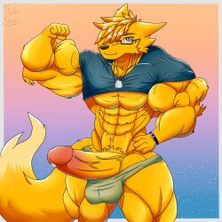 abs balls big_boner big_penis big_tail boner bracelet cum cumming fennec furry glans muscles muscular_furry naked neckless orange_fur pants pecs penis pre_cum purple_eyes shirt standing_up taiko-sihori tongue_out wearing_glasses