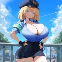 ai_generated ameanon big_breasts blonde_hair blue_eyes breasts cleavage hands_on_hips hololive hololive_english hololive_myth huge_breasts large_breasts mole_on_breast partially_unbuttoned pencil_skirt police police_uniform thick_thighs virtual_youtuber vtuber watson_amelia