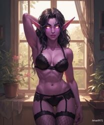 ai_generated artas9972 bra breasts breasts elf elf_ears elf_female glowing_eyes night_elf panties warcraft world_of_warcraft