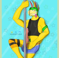 1boy anthro armband assassinfenrir bedroom_eyes black_clothing bottomwear clothed clothing condom condom_in_mouth digital_media_(artwork) genitals green_body green_skin hair hi_res koopa koopaling lemmy_koopa looking_at_viewer male mario_(series) mouth_hold multicolored_body multicolored_hair narrowed_eyes nintendo nipples object_in_mouth orange_eyes pants penis pink_penis pole pubes scalie seductive sexual_barrier_device shaded shirt short_tail shorts signature simple_background solo tail tank_top topwear two_tone_body underwear yellow_body