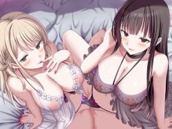 2girls adjusting_hair babydoll bed black_choker black_hair black_panties blonde_hair blunt_bangs blush breasts brown_eyes choker cleavage covered_nipples finger_to_mouth from_above givuchoko huge_breasts large_breasts multiple_girls nail_polish on_bed panties purple_nails purple_panties red_nails scissoring seductive_smile see-through_babydoll see-through_clothes smile spaghetti_strap spread_legs tribadism tribadism_through_clothing underwear white_babydoll yellow_eyes yuri