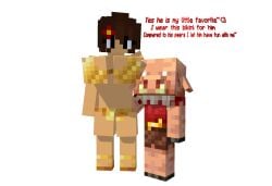 1boy 1girls age_difference brown_hair compliment complimenting_partner golden_bikini head_on_breasts milf mine-imator minecraft no_background pig_ears piglin size_difference smaller_male standing taller_girl text