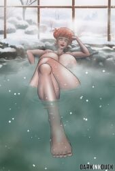 1girls ai_background cartoon_network curvy darkinkduck dexter's_laboratory dexter's_mom digital_media_(artwork) foot_fetish foot_focus hot_spring huge_breasts light-skinned_female makeup milf orange_hair sakura_tree short_hair sitting sitting_in_water snow