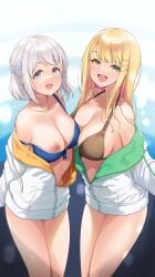 2girls areola_slip bare_legs bikini bikini_top_only bikini_under_clothes blonde_hair blue_bikini blue_eyes blue_ribbon braid breasts brown_bikini cleavage collarbone front-tie_bikini_top front-tie_top gakuen_idolmaster grey_hair hair_ornament hair_ribbon hairclip half_up_braid halterneck highres hood hooded_jacket idolmaster jacket jacket_over_swimsuit jacket_partially_removed katsuragi_lilja kimi_to_semi_blue_(idolmaster) large_breasts light_blush long_hair looking_at_viewer mk_(mod0) multiple_girls nipples off_shoulder open_mouth outdoors ribbon ribbon_braid shiun_sumika short_hair sidelocks straight_hair swimsuit two-sided_fabric two-sided_jacket wet white_jacket