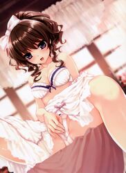 blue_eyes bra brown_hair curly_hair cute_fang dress hanamiya_nagisa highres kuroya_shinobu lingerie masturbation open_mouth panties ponytail pussy_juice pussy_juice_stain sitting solo spread_legs sweatdrop tied_hair trefoil underwear ushinawareta_mirai_wo_motomete wet_panties white_panties