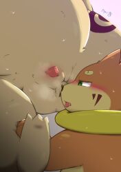 animal_genitalia anthro ball_sniffing balls belly blush bodily_fluids buizel dipo_(artist) duo fur generation_2_pokemon generation_4_pokemon genital_fluids genitals green_eyes hi_res male male/male nintendo orange_body orange_fur overweight penis penis_tip pokemon pokemon_(species) precum saliva sheath sniffing tapering_penis tongue typhlosion