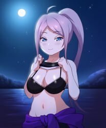 1girls :) ahoge alternate_hairstyle bare_shoulders black_bra black_pants black_sports_bra black_underwear blue_eyes blush bra breasts casual_exposure closed_mouth cowboy_shot eyebrows_visible_through_hair female female_only flashing hands_on_chest hi_res jacket jacket_around_waist lace-trimmed_bra lake lakeside large_breasts leggings long_hair looking_at_viewer love_live! love_live!_nijigasaki_high_school_idol_club mole mole_under_eye moon moonlight mountain navel night night_sky nighttime nipples outdoors pants pink_hair ponytail pool-skirt portrait presenting purple_jacket sagging_breasts shadow smile solo sports_bra sports_bra_lift sportswear starry_sky sweat swept_bangs swim_skirt tied_hair underwear unsfrau upper_body upper_body_focus upper_body_only water zhong_lanzhu
