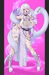 bare_shoulders belt blush boots bracelet cleavage covered_erect_nipples dress forked_tongue full_body gloves gradient_hair huge_breasts jacket jewelry kangaruu_(momotk1109) long_hair pelvic_curtain pink_eyes purple_hair snake solo thighhighs tongue white_hair