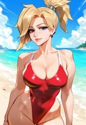 2d ai_generated beach blizzard_entertainment blonde_hair day female female_focus female_only highleg highleg_swimsuit medium_breasts mercy overwatch ponytail red_swimsuit solo solo_female solo_focus swimsuit tagme