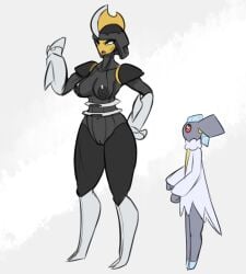 2019 anthro areola bisharp breasts carbink clothed clothing digital_media_(artwork) duo female generation_5_pokemon generation_6_pokemon genitals guard harry_(latiar) latiar looking_at_another male mouth_closed nintendo nipples nude open_mouth pokemon pokemon_(species) pokemorph pussy simple_background standing tongue white_sclera