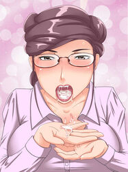 after_sex blush cum cum_in_mouth cum_on_body cum_on_hands cum_on_upper_body glasses gokkun hair_up highres lipstick milf open_mouth purple_hair solo sweat tetsukui tongue