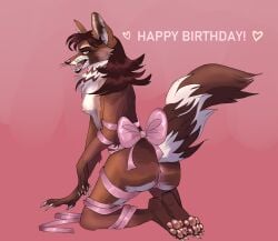 anthro anus ass birthday bow_ribbon breasts canid canine claws feet female fluffy fox genitals gift gift_wrapped hair hi_res hindpaw hybrid kytovection long_hair looking_at_viewer mammal nipples pawpads paws presenting pussy red_body small_breasts smile smirk solo tail