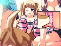 canine cunnilingus dog henshin_3 licking multiple_girls oral panties plaid_panties saliva underwear upskirt zoophilia