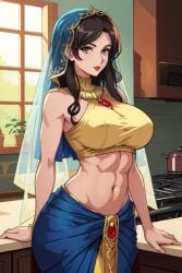 abs ai_generated bare_shoulders big_breasts brown_hair hourglass_figure housewife indian indian_clothes indian_female kitchen light-skinned_female light_skin looking_at_viewer milf navel red_lipstick saree sari slim_waist solo solo_female standing thick veil wide_hips