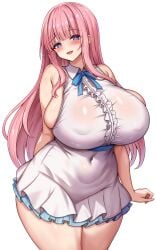 :d absurdres arms_at_sides blue_eyes blunt_bangs blush breasts commentary_request covered_navel covered_nipples curvy dress female highres huge_breasts long_hair looking_at_viewer mitomumitomu open_mouth original pink_hair sidelocks simple_background skindentation smile solo standing taut_clothes taut_dress thighs tight_clothes tight_dress white_background white_dress