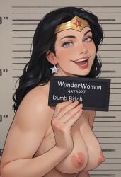 1girls ai_generated dc dc_comics dcau diana_prince meme mugshot smile solo solo_female tagme topless upper_body userisbad wonder_woman