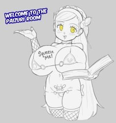 big_breasts gibberish_(artist) huge_breasts imminent_paizuri imminent_sex lavenza monochrome persona persona_5 shortstack sketch yellow_eyes