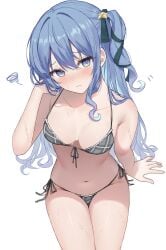 1girls bare_skin bikini blue_hair coha350 female hololive hololive_japan hoshimachi_suisei looking_at_viewer shy small_breasts solo swimsuit tagme virtual_youtuber